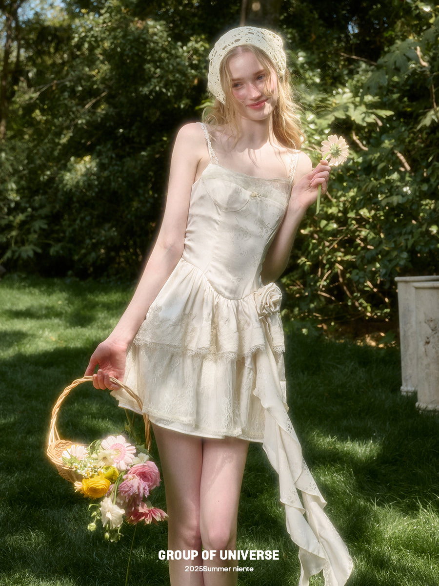 Rose Detail Double Strap Satin Dress