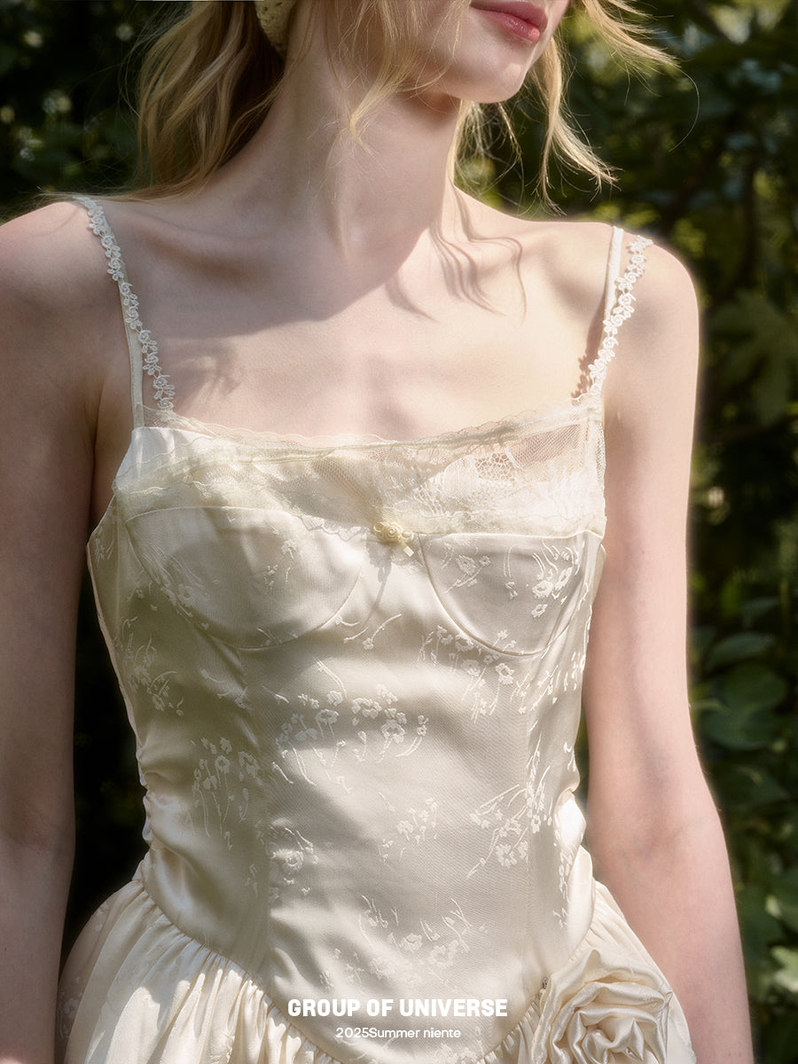 Rose Detail Double Strap Satin Dress