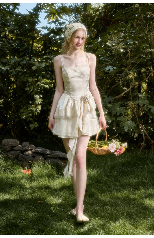 Rose Detail Double Strap Satin Dress