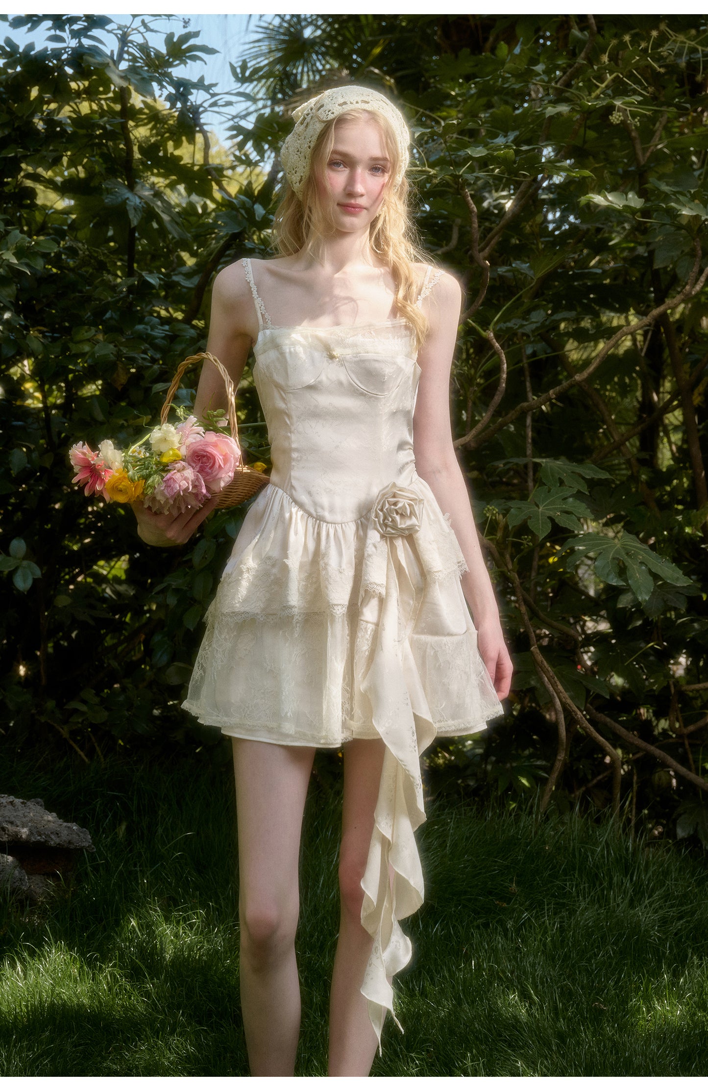Rose Detail Double Strap Satin Dress
