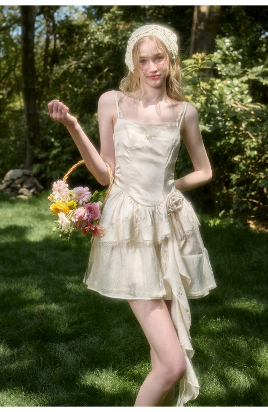 Rose Detail Double Strap Satin Dress