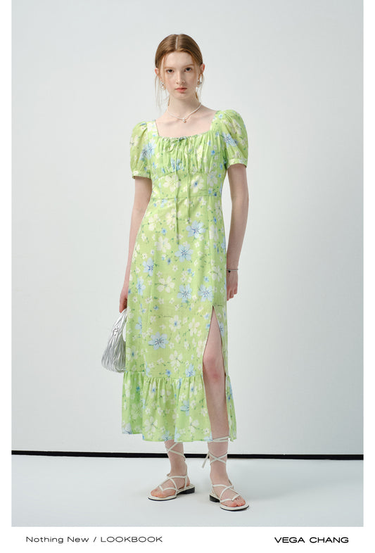 Floral Puff-Sleeve Dress With Side Slit