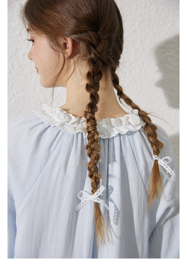 Balloon Sleeve Smock Dress With Rose Embellishments