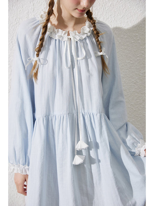 Balloon Sleeve Smock Dress With Rose Embellishments