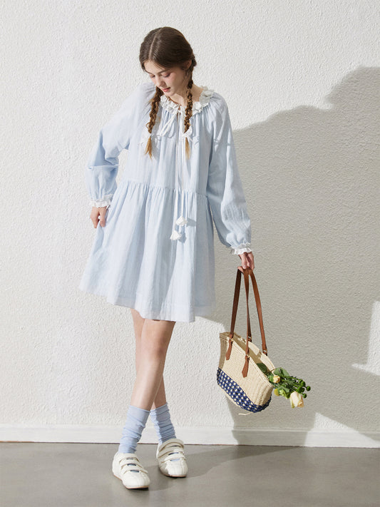 Balloon Sleeve Smock Dress With Rose Embellishments