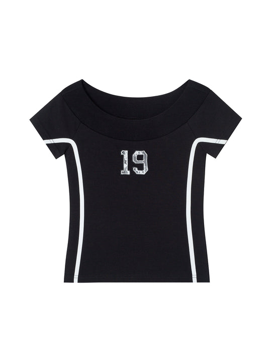 Sporty Scoop Neck Top With Lace Number And Stripes