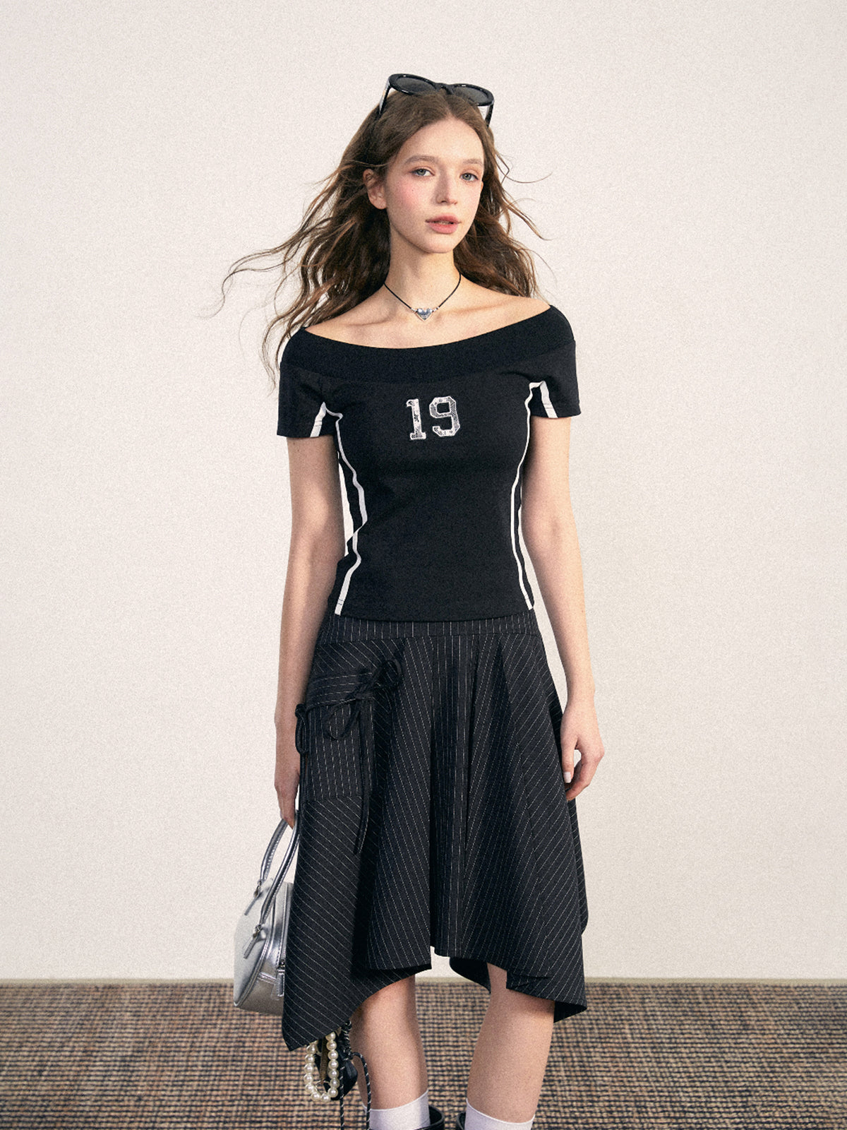 Sporty Scoop Neck Top With Lace Number And Stripes