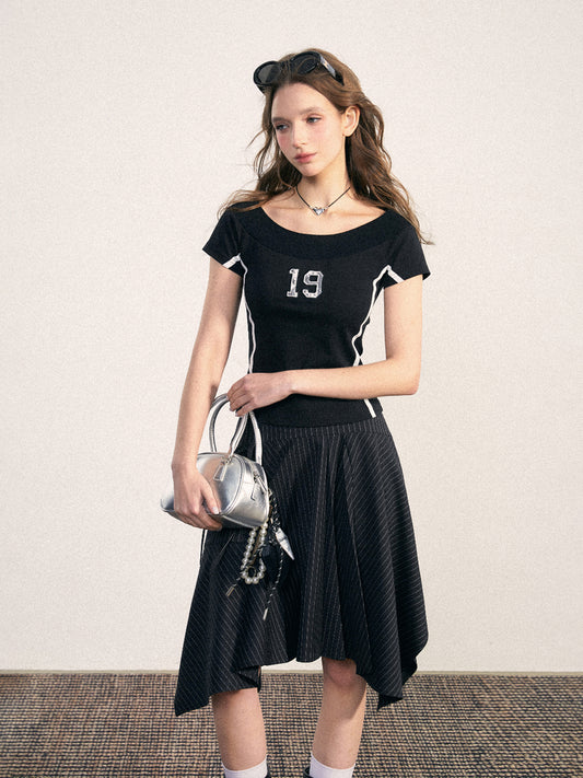 Sporty Scoop Neck Top With Lace Number And Stripes