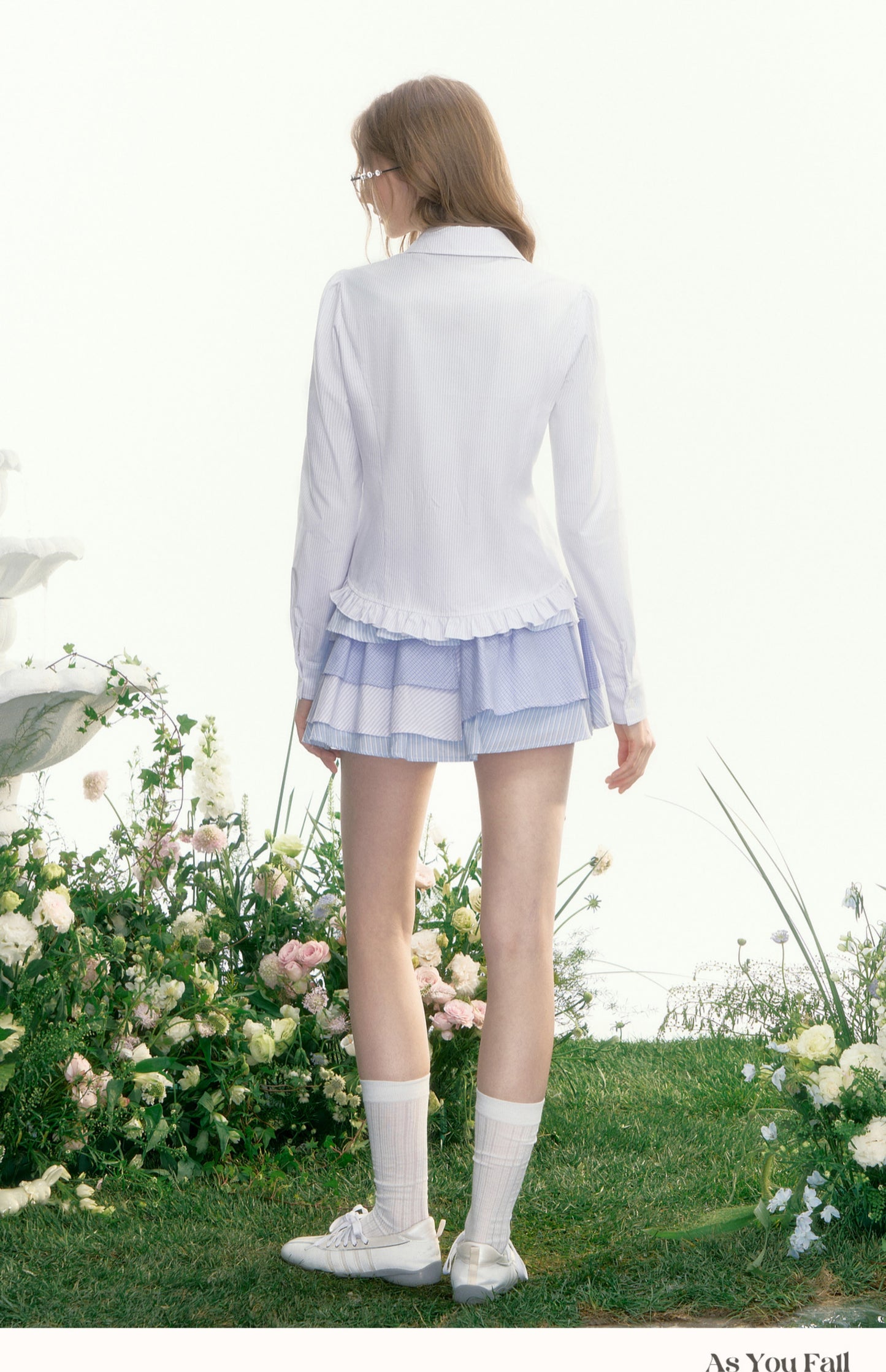 Round Collar Pinstriped Shirt With Ruffled Hem