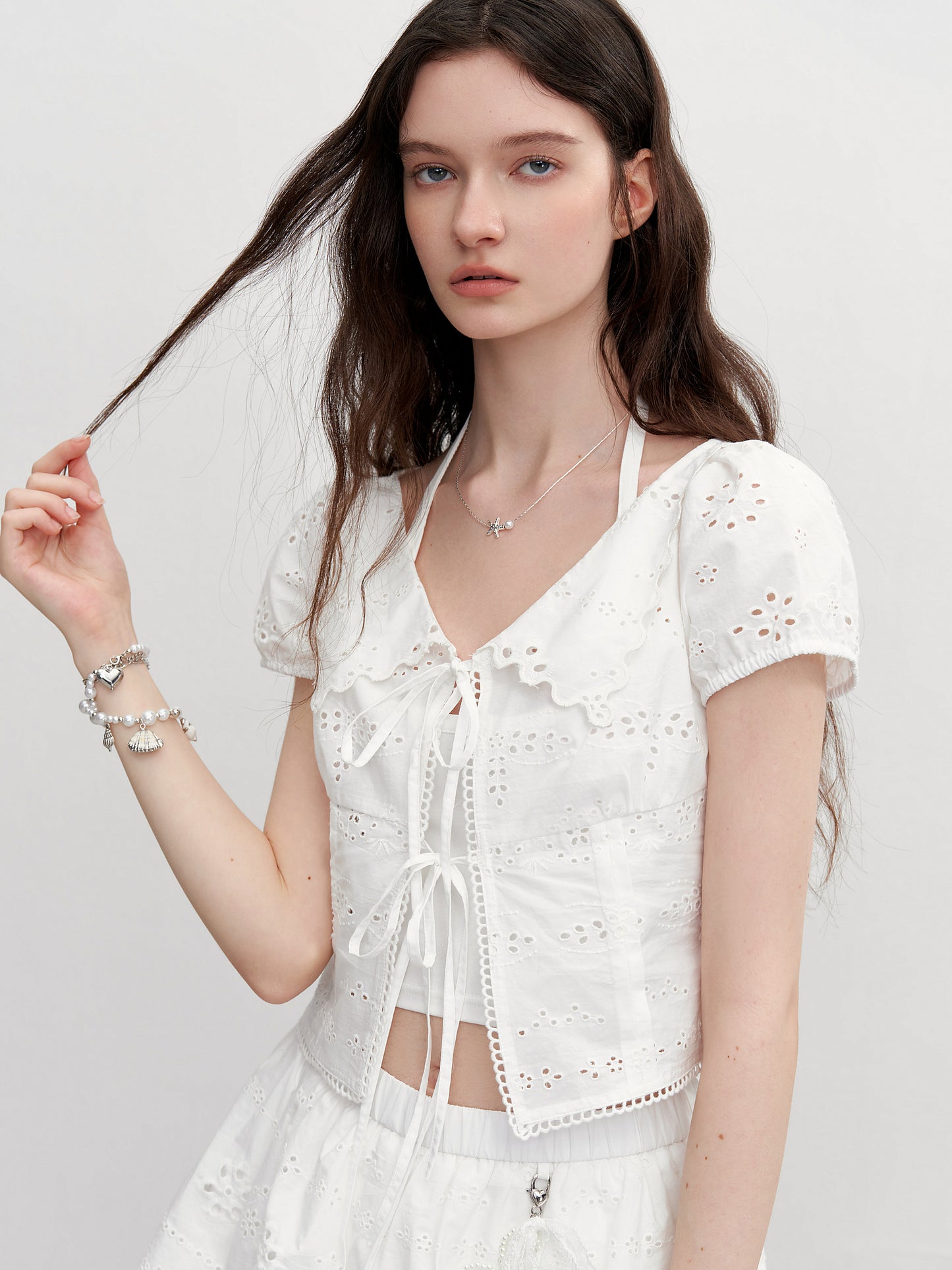 Cotton Eyelet Tie Front Blouse & Skort