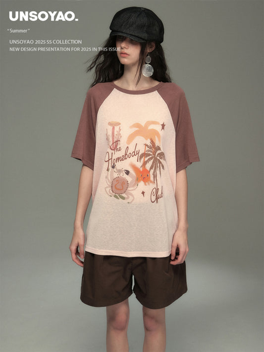 Island Print Raglan Sleeve Tee