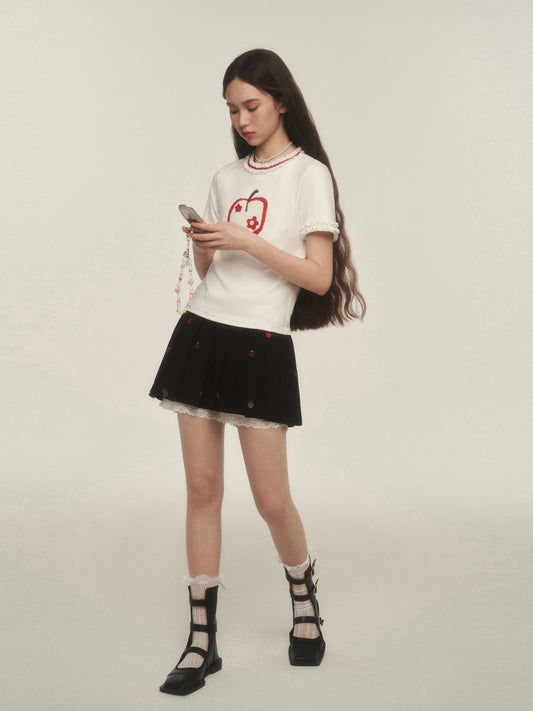 Fruit Embroidered Pleated Skirt With Lace Inner Shorts