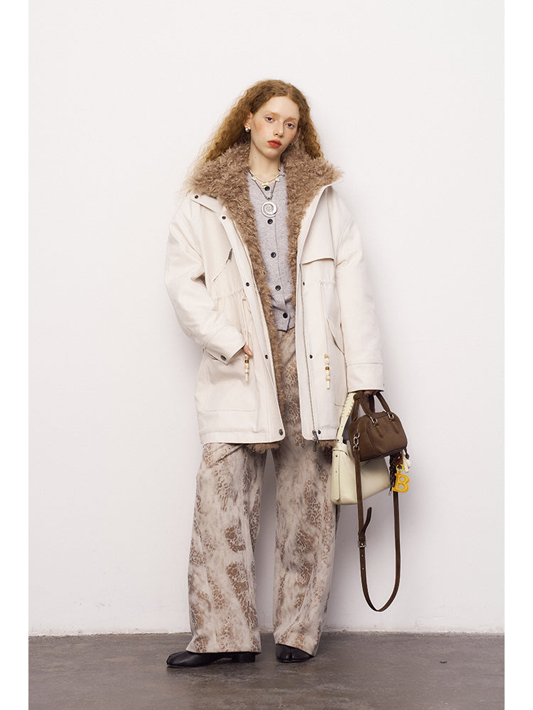 Cotton Blend Faux Fur Trim Quilted Lined Coat