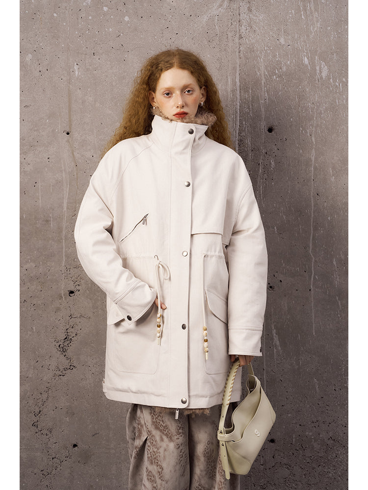 Cotton Blend Faux Fur Trim Quilted Lined Coat