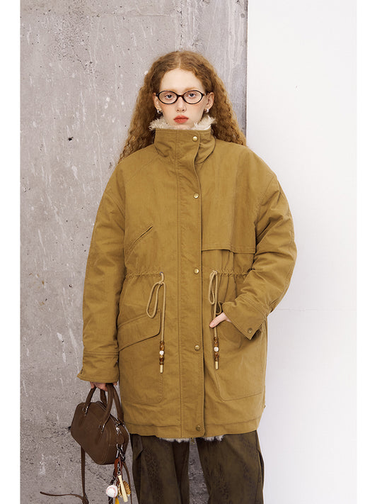 Cotton Blend Faux Fur Trim Quilted Lined Coat