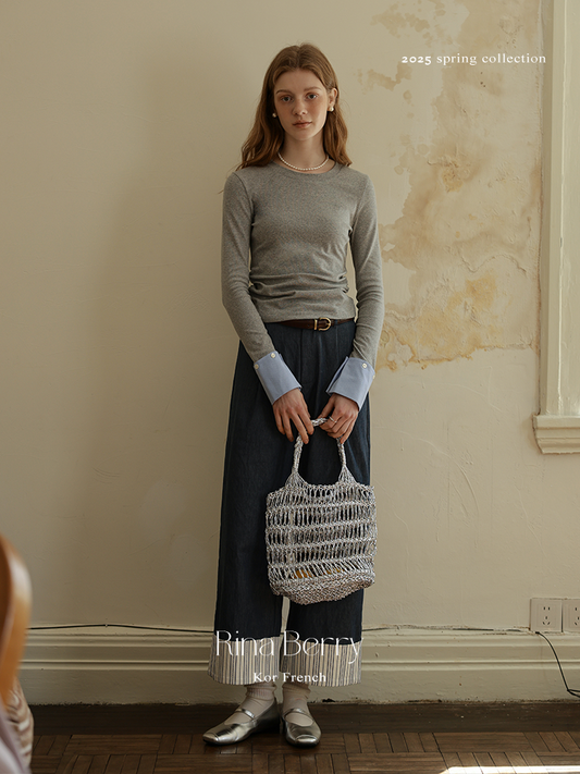 Slim Fit Ruched Top With Mixed Fabric Cuffs