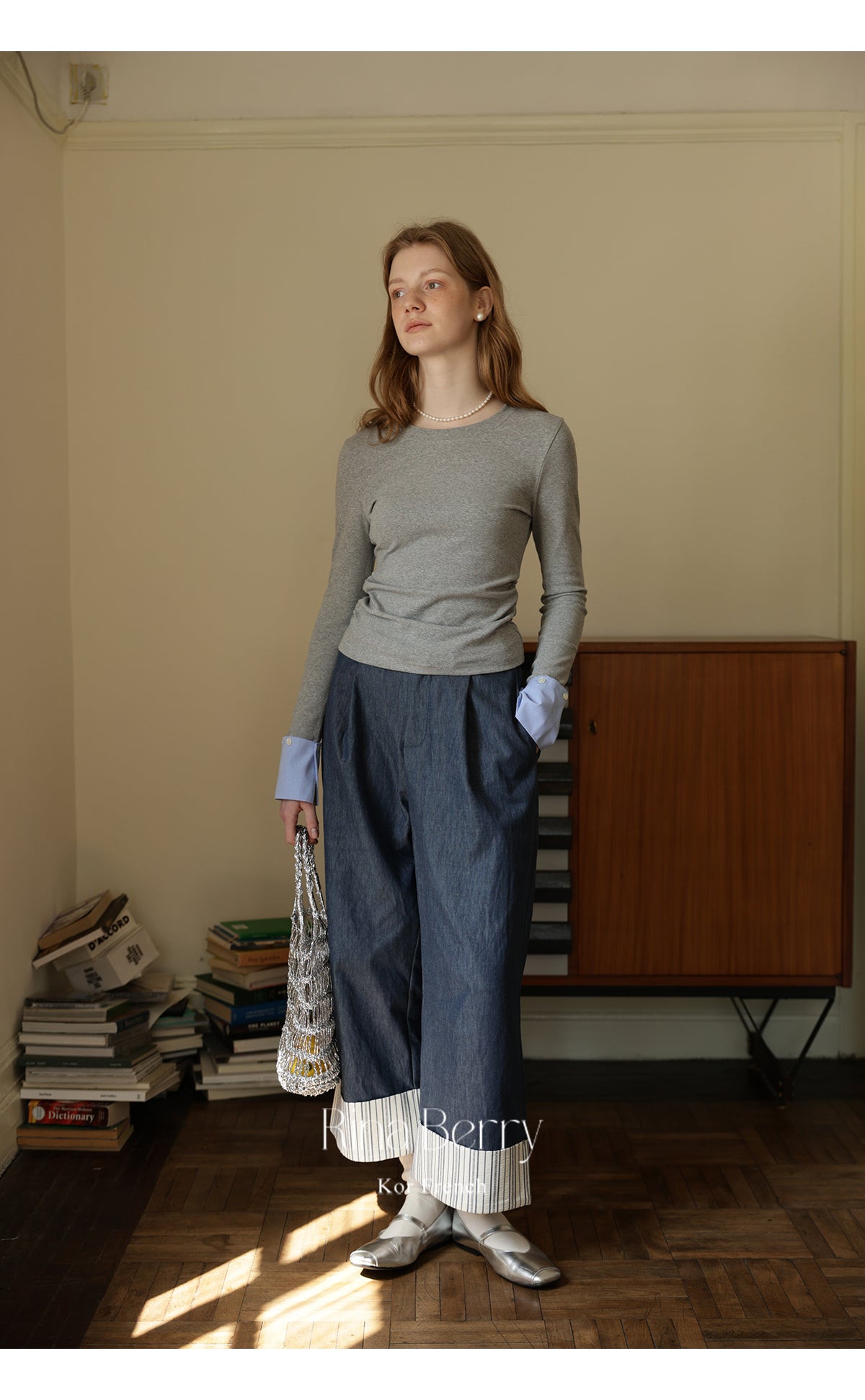 Slim Fit Ruched Top With Mixed Fabric Cuffs