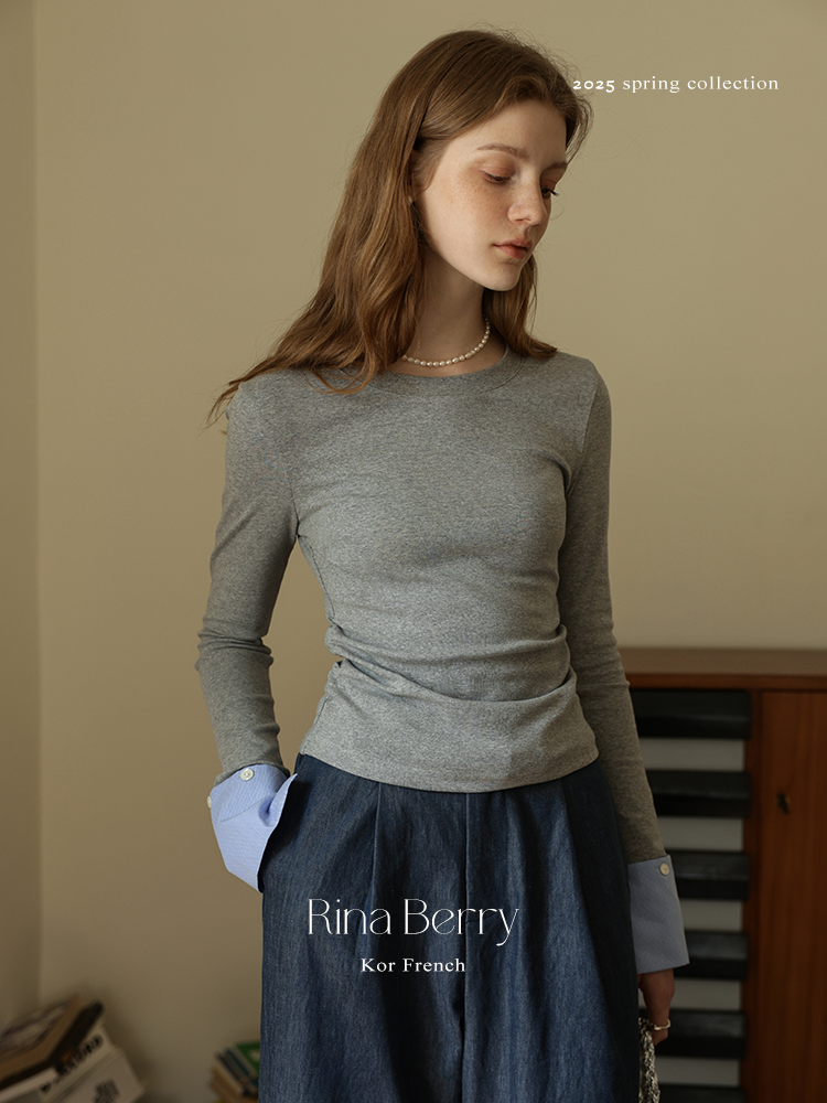 Slim Fit Ruched Top With Mixed Fabric Cuffs