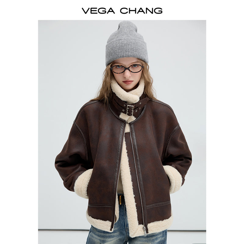 Faux Leather Shearling Jacket With Belted Collar