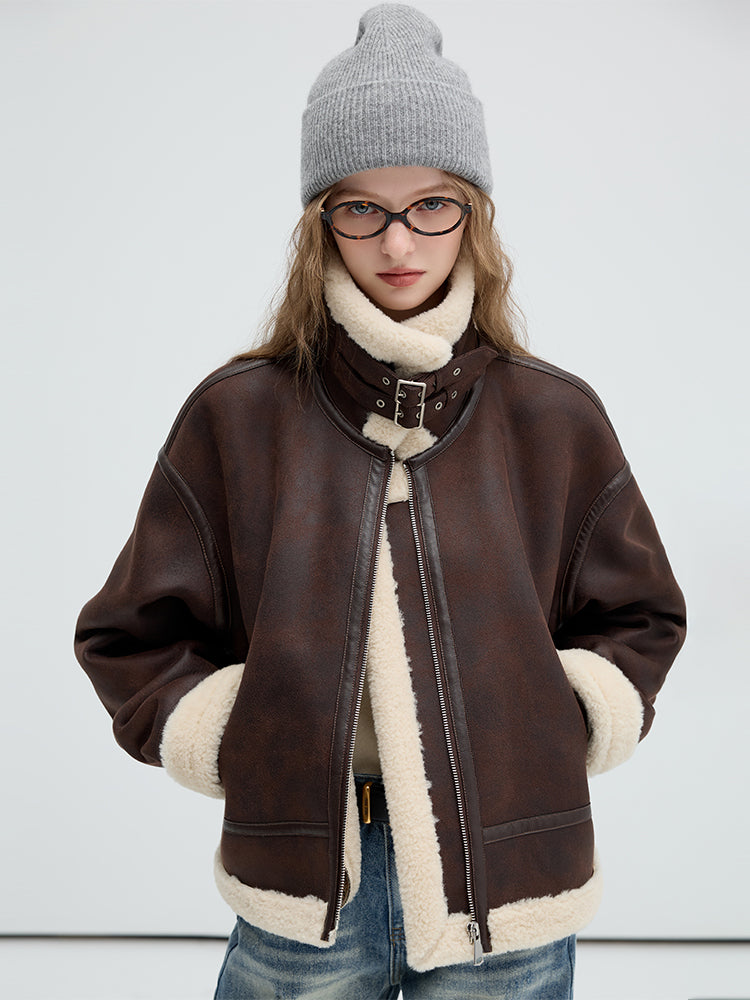 Faux Leather Shearling Jacket With Belted Collar