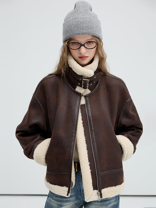Faux Leather Shearling Jacket With Belted Collar