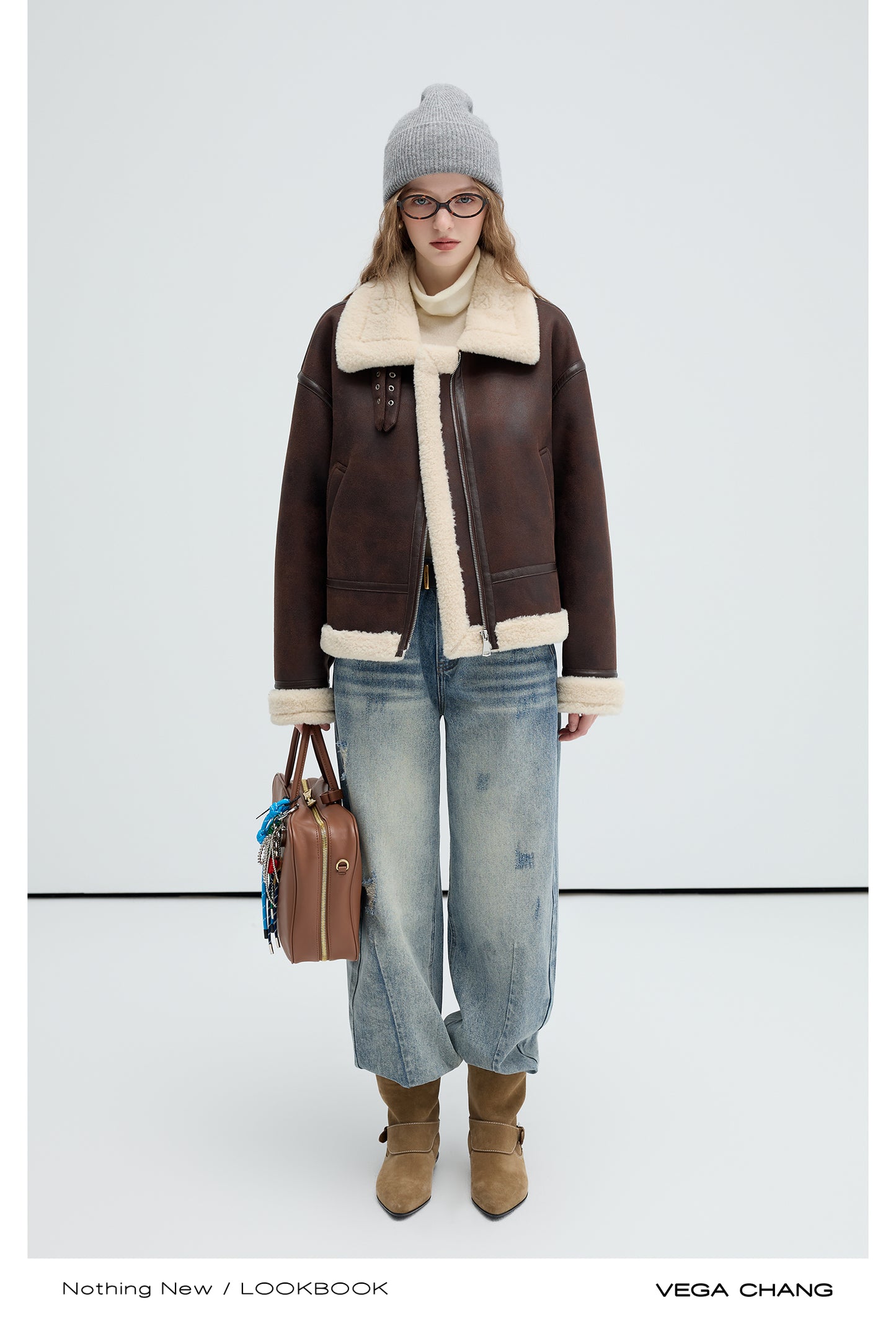 Faux Leather Shearling Jacket With Belted Collar