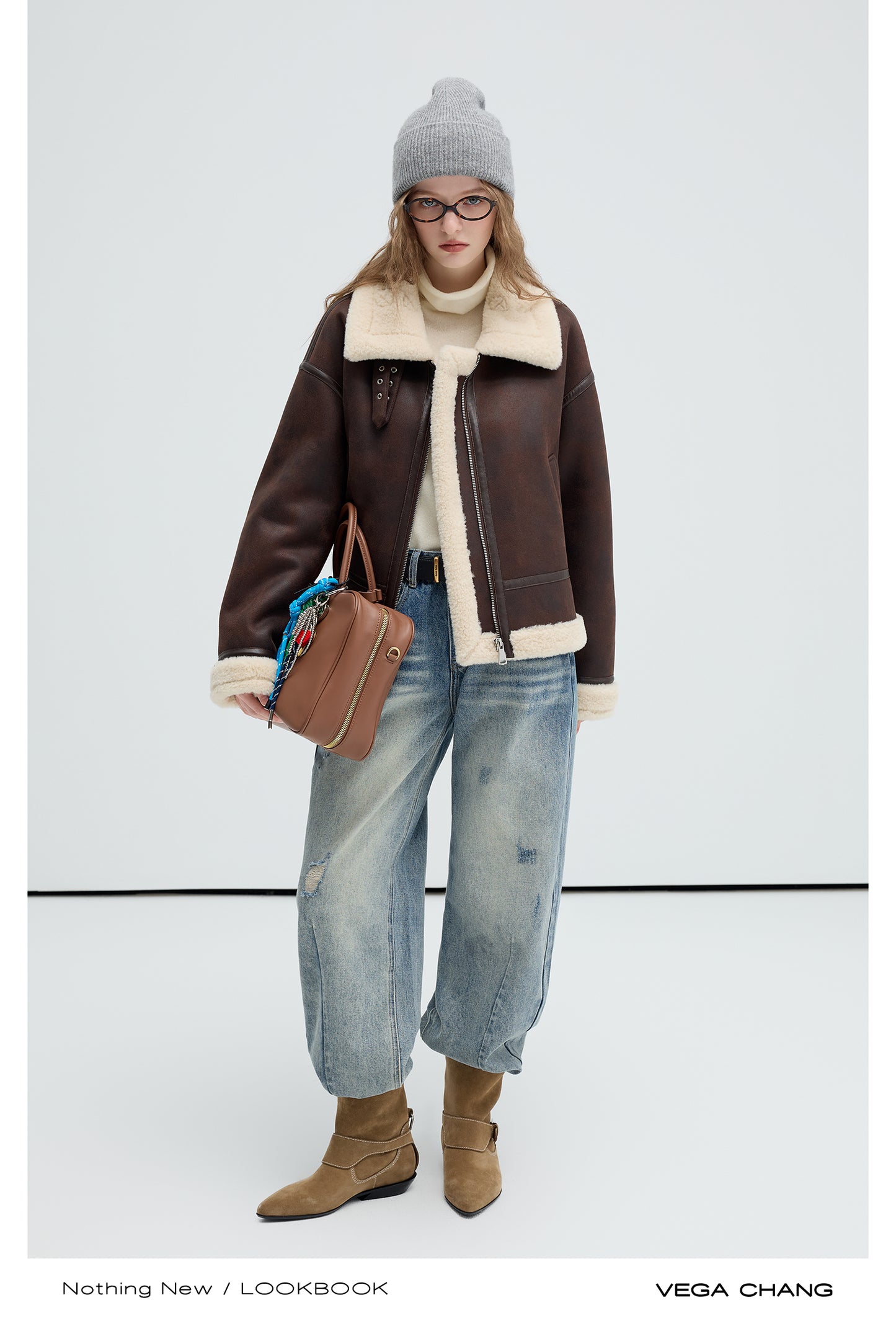 Faux Leather Shearling Jacket With Belted Collar