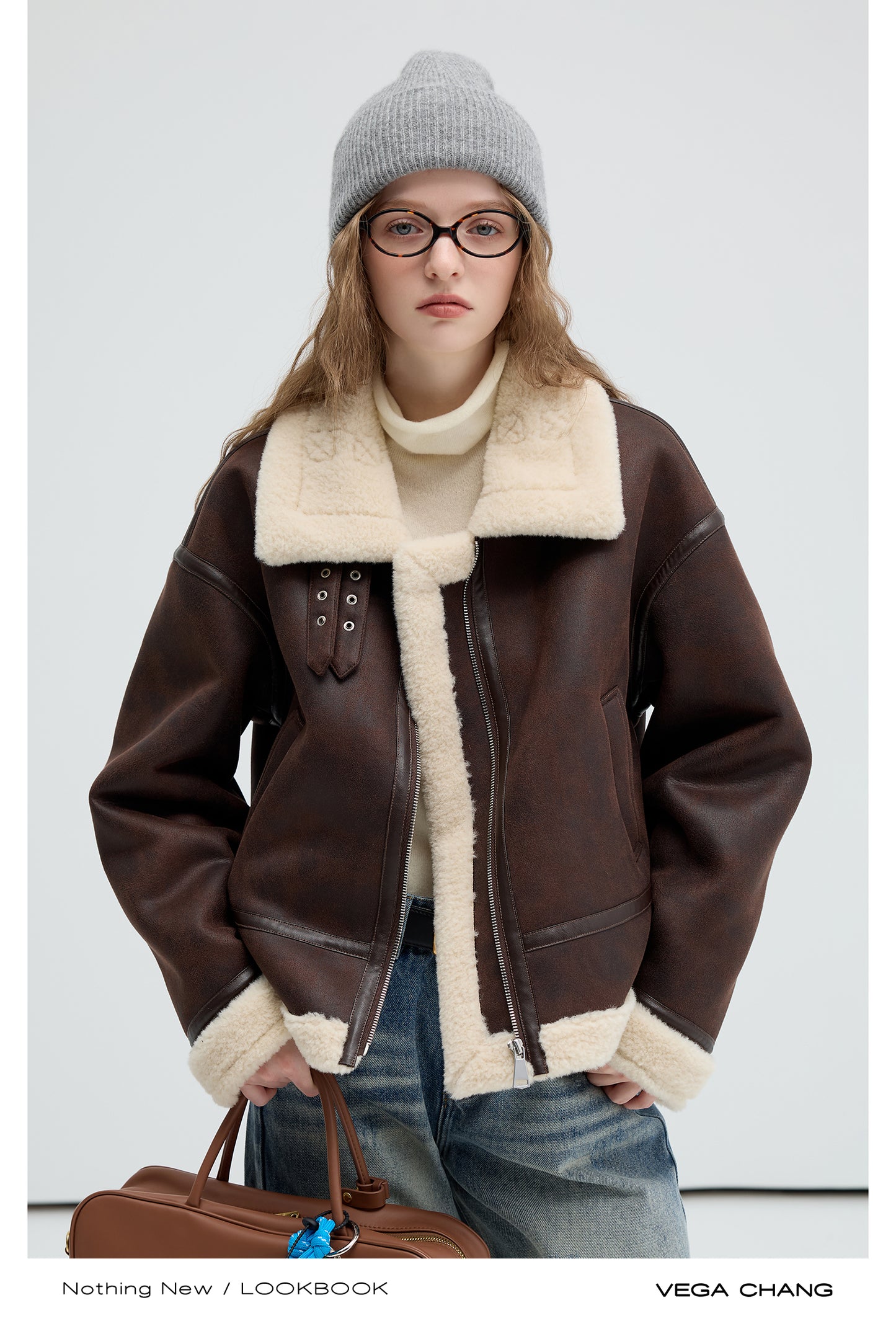 Faux Leather Shearling Jacket With Belted Collar