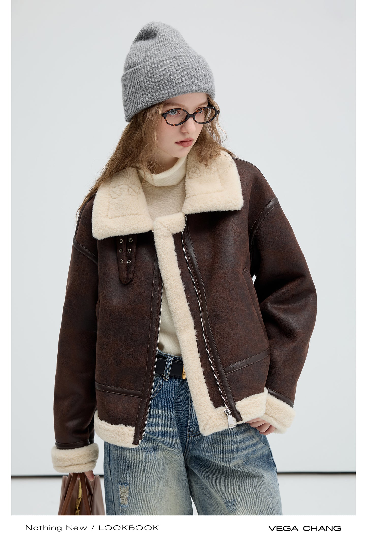 Faux Leather Shearling Jacket With Belted Collar