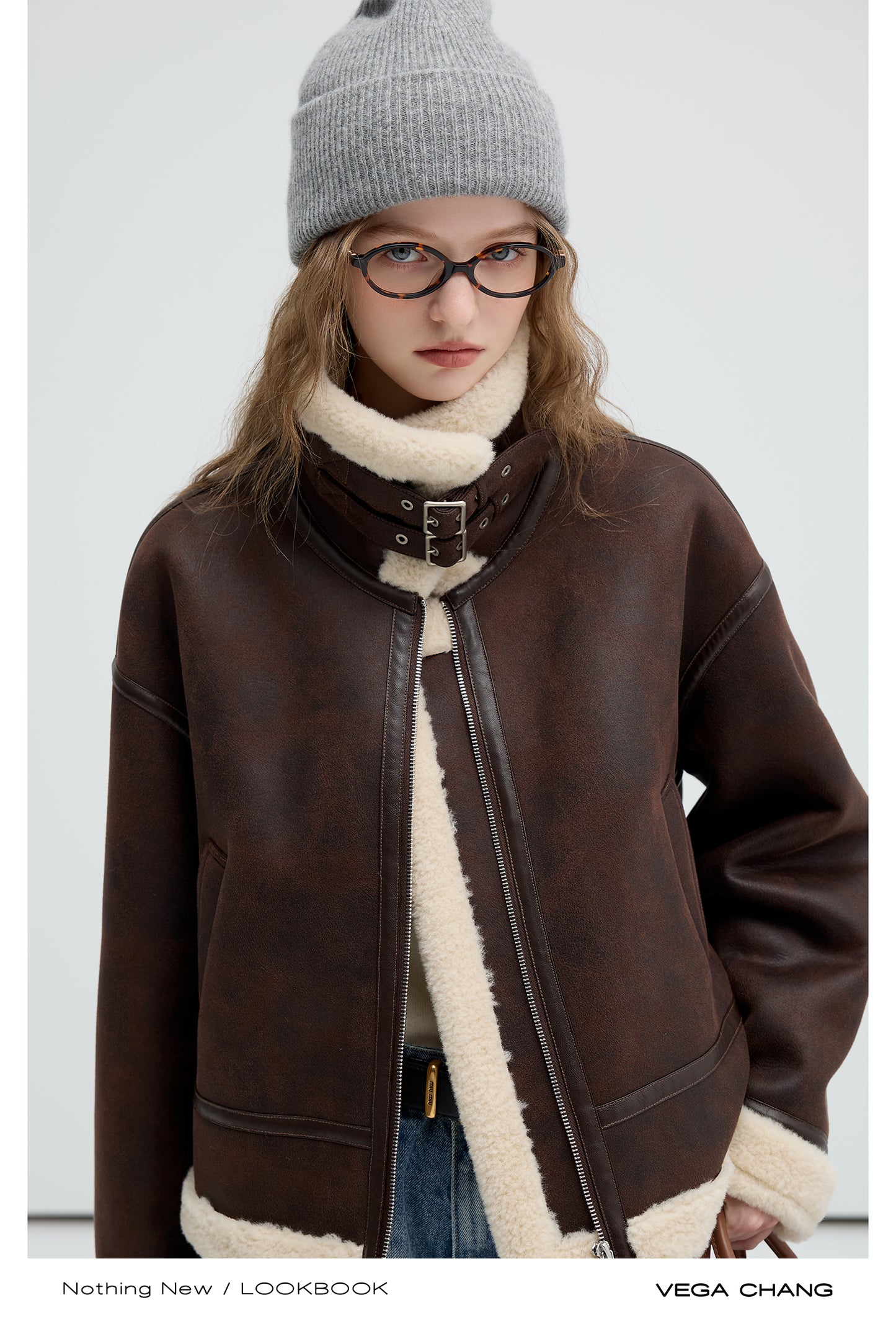 Faux Leather Shearling Jacket With Belted Collar
