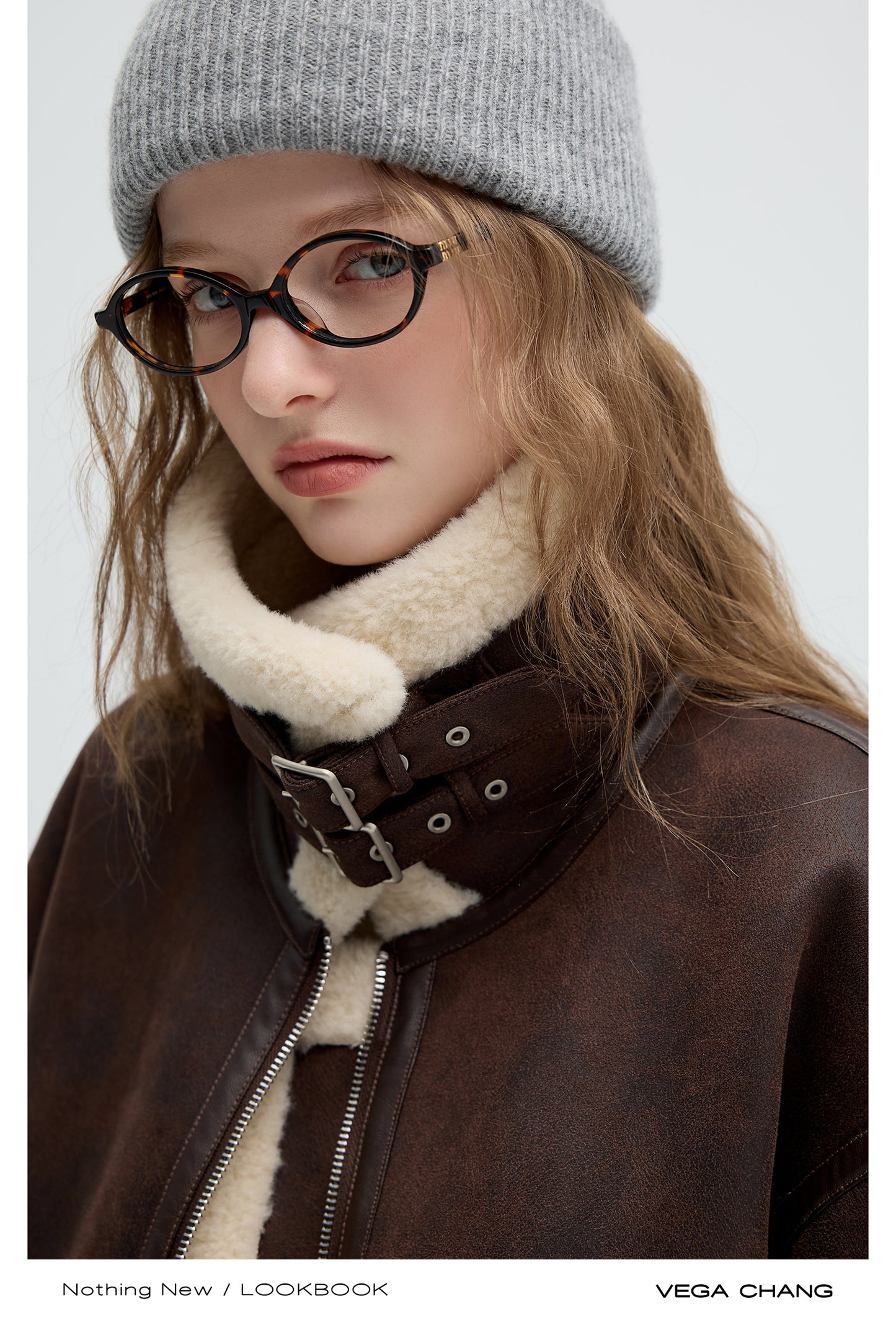 Faux Leather Shearling Jacket With Belted Collar