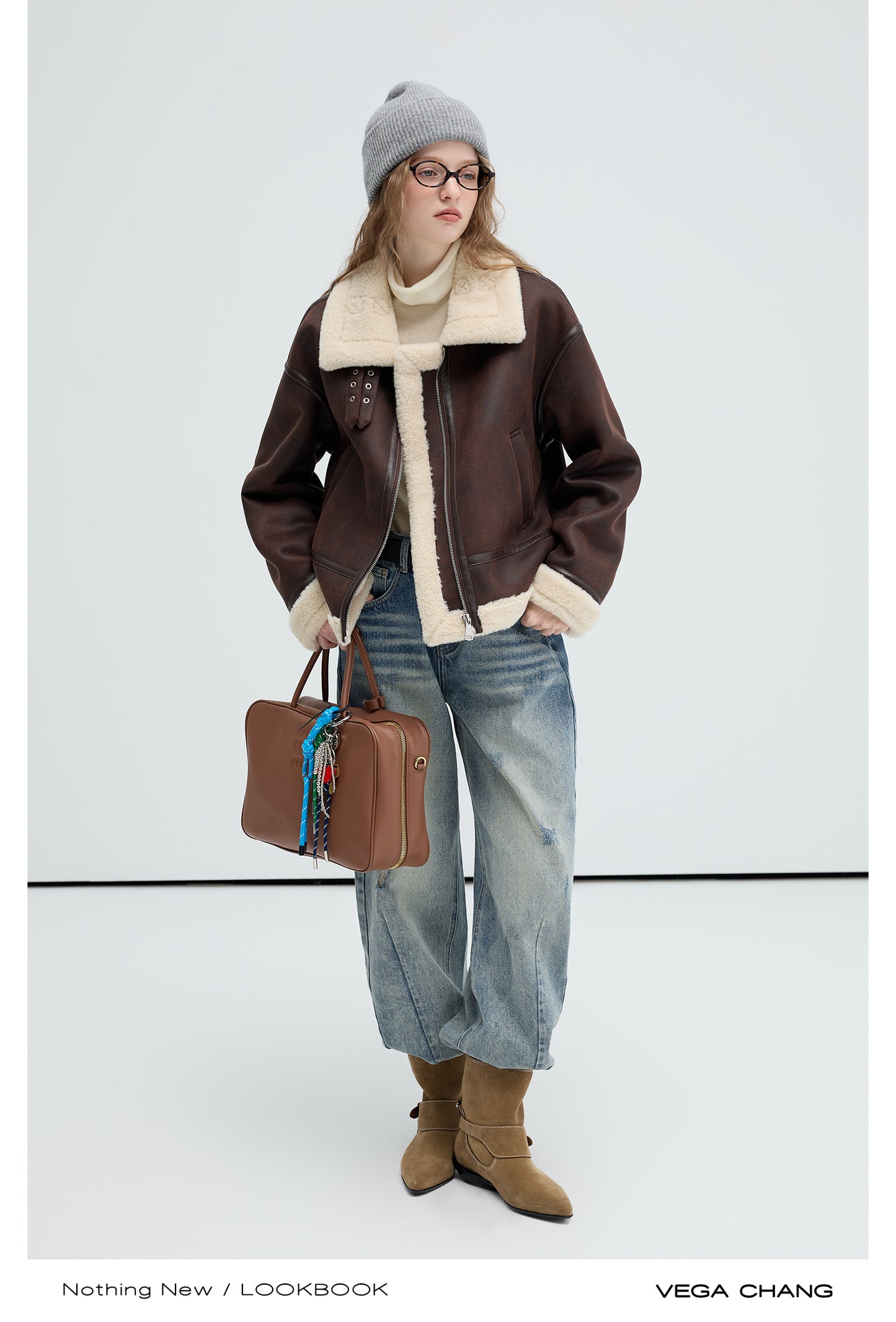 Faux Leather Shearling Jacket With Belted Collar