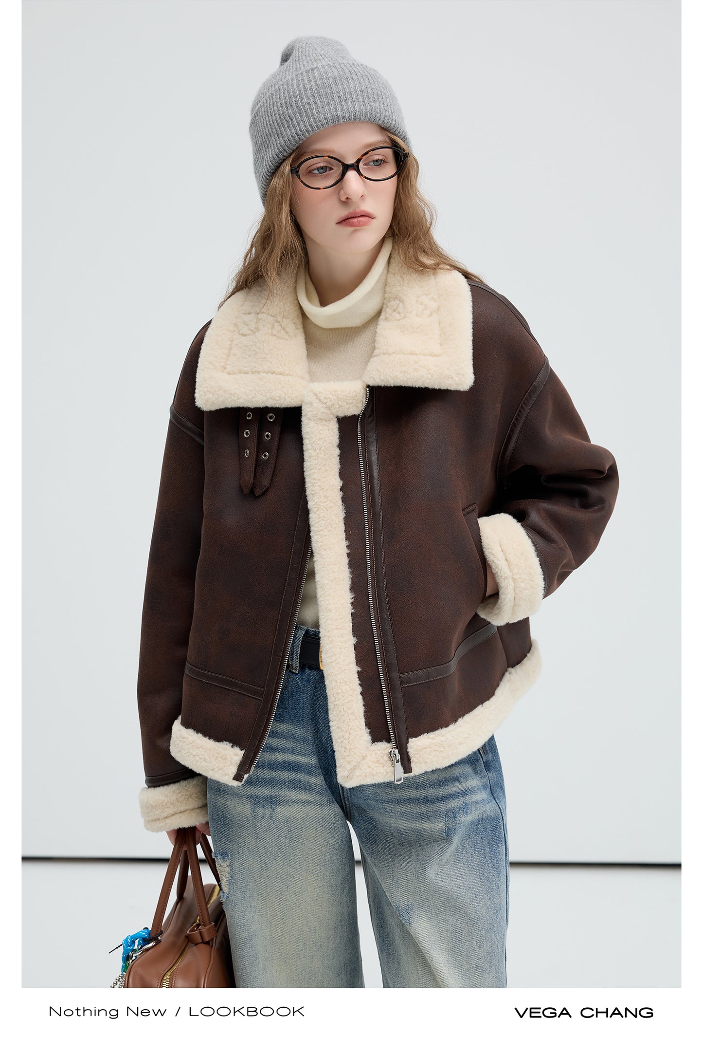 Faux Leather Shearling Jacket With Belted Collar