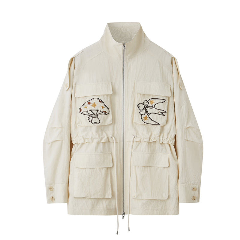 Windbreaker Jacket With Mushroom & Swallow Patches