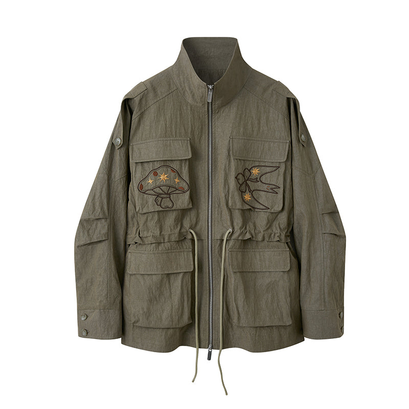 Windbreaker Jacket With Mushroom & Swallow Patches