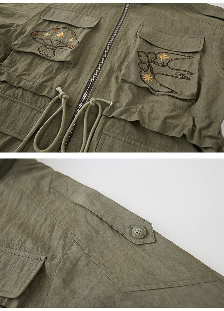 Windbreaker Jacket With Mushroom & Swallow Patches
