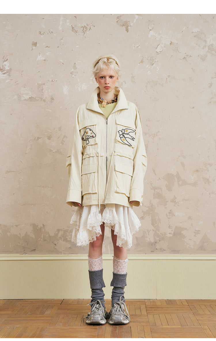 Windbreaker Jacket With Mushroom & Swallow Patches