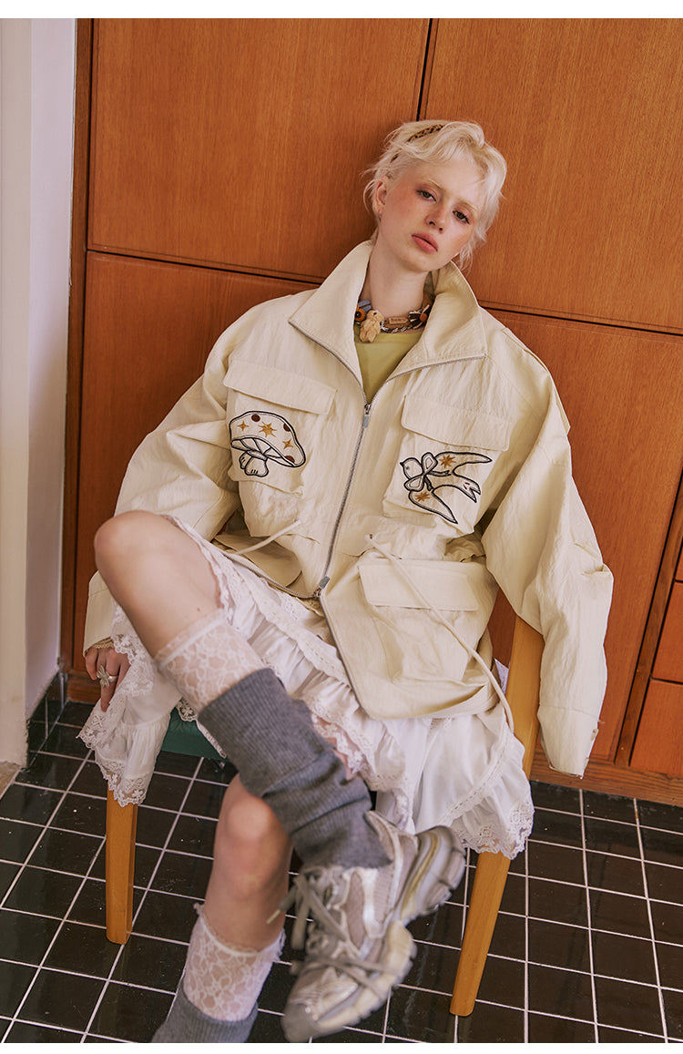 Windbreaker Jacket With Mushroom & Swallow Patches