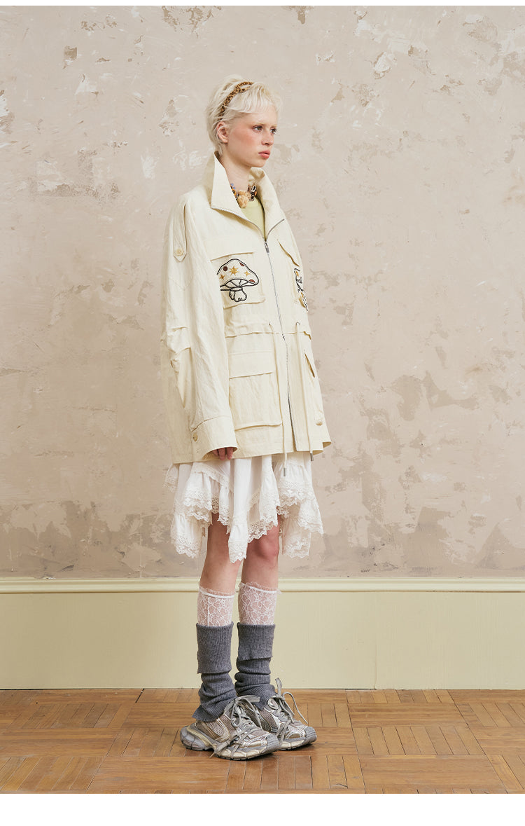 Windbreaker Jacket With Mushroom & Swallow Patches