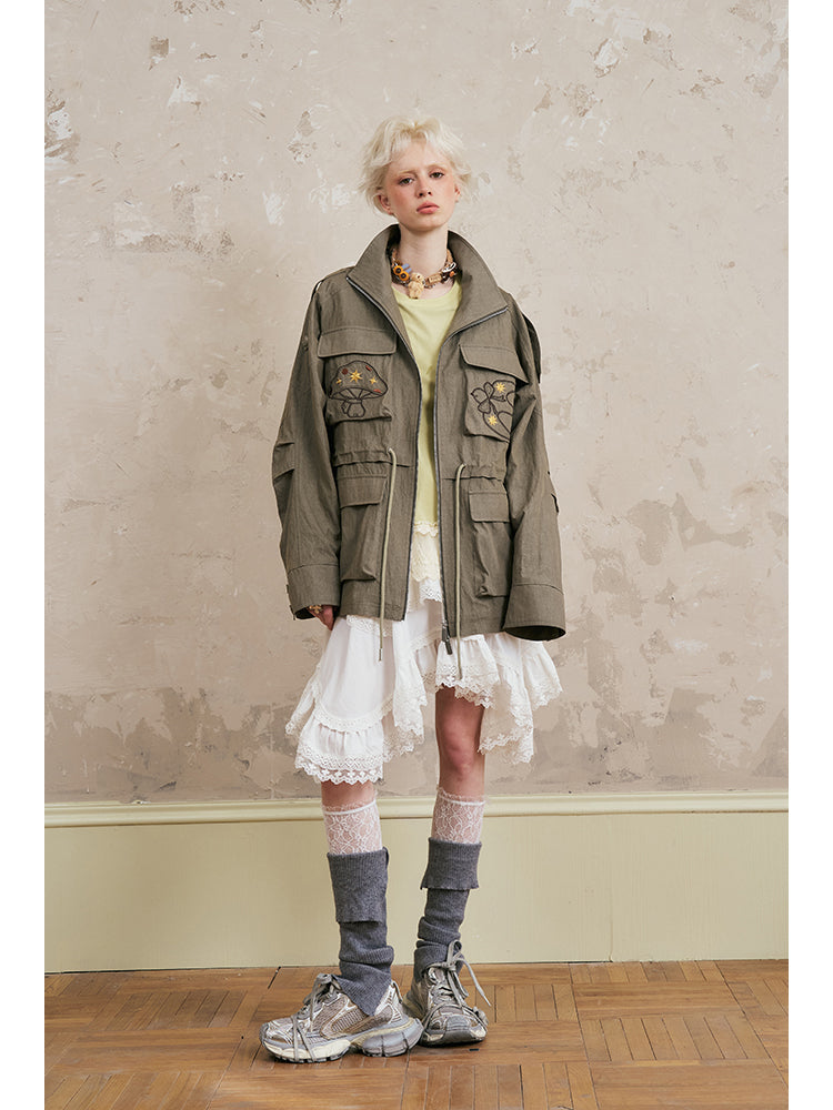 Windbreaker Jacket With Mushroom & Swallow Patches