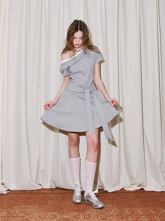 Double Collar One-Shoulder Asymmetrical Dress