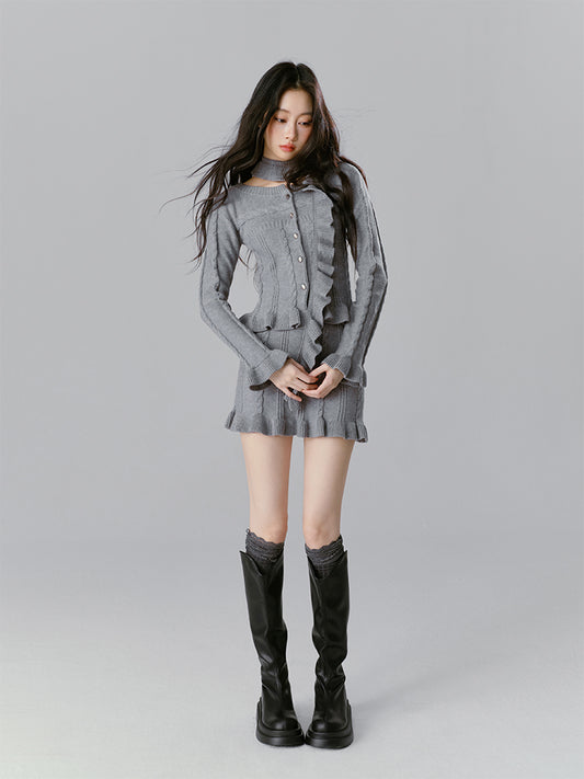 Ruffled Cable Knit Button-Up Top / Skirt / Scarf