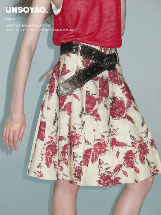 Floral Midi Pleated Skirt With Belt