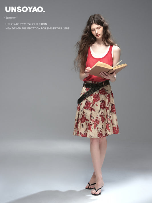 Floral Midi Pleated Skirt With Belt