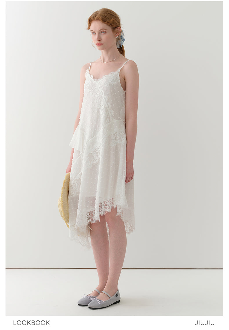 Dot-Textured Asymmetric Lace Cami Dress