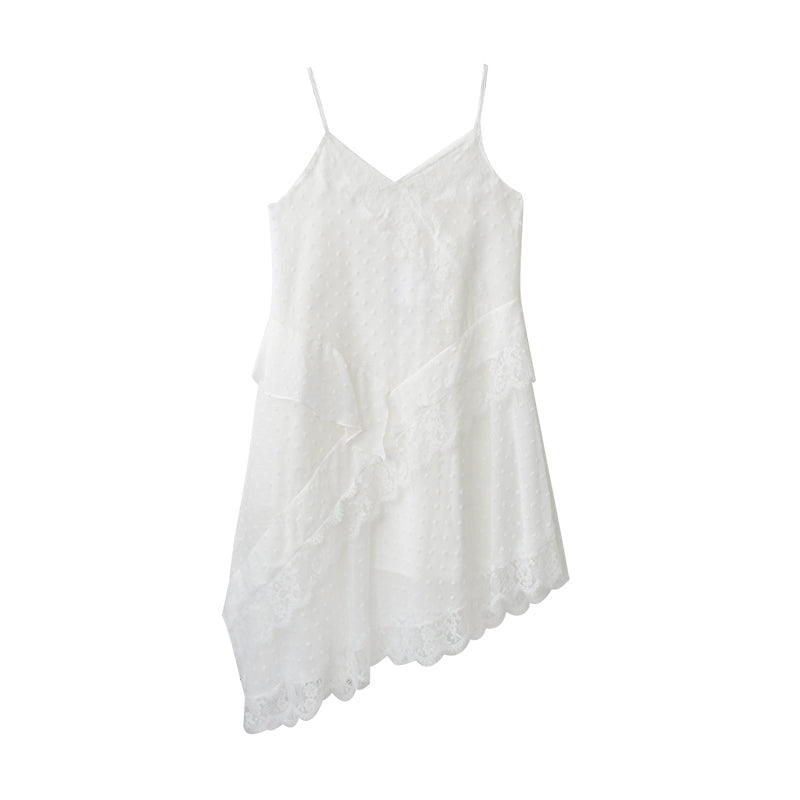 Dot-Textured Asymmetric Lace Cami Dress