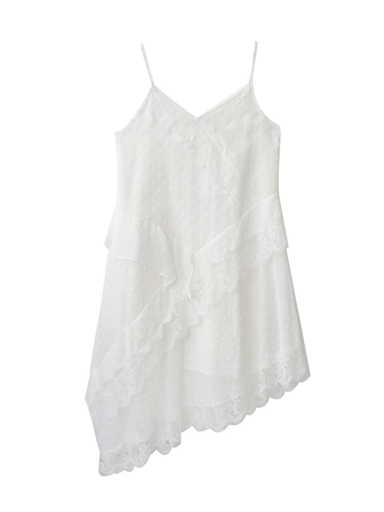 Dot-Textured Asymmetric Lace Cami Dress