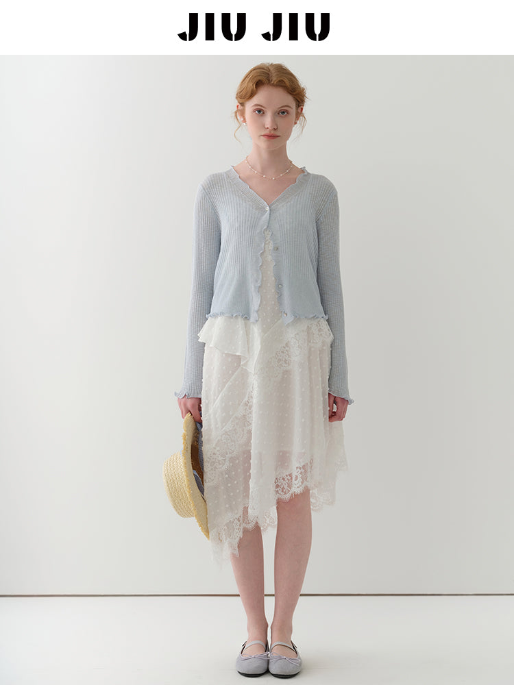 Dot-Textured Asymmetric Lace Cami Dress
