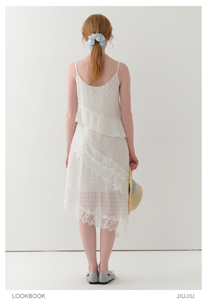Dot-Textured Asymmetric Lace Cami Dress