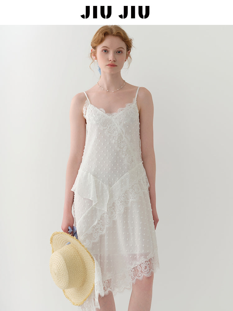 Dot-Textured Asymmetric Lace Cami Dress